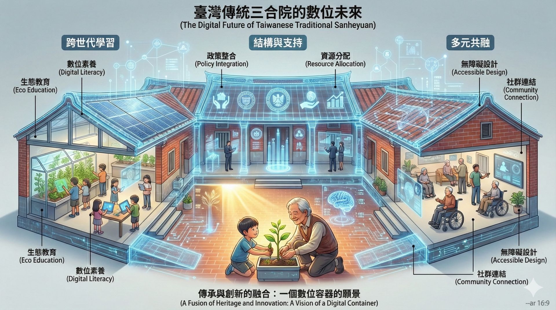 靜睿設計所提出的「三合院理論」藍圖：左護龍是教育扎根，右護龍是弱勢共融，正身大廳則是政府與 NPO 的資源串聯。（圖片設計／施睿皇）