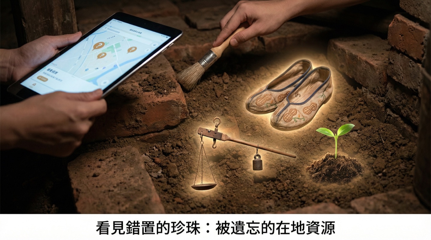 ▲ 黑暗中的微光： 我們常以為鄉下資源匱乏，其實它們只是散落在黑暗中。這些美好不該是孤島，而該是被看見的寶藏。（圖片設計／施睿皇）