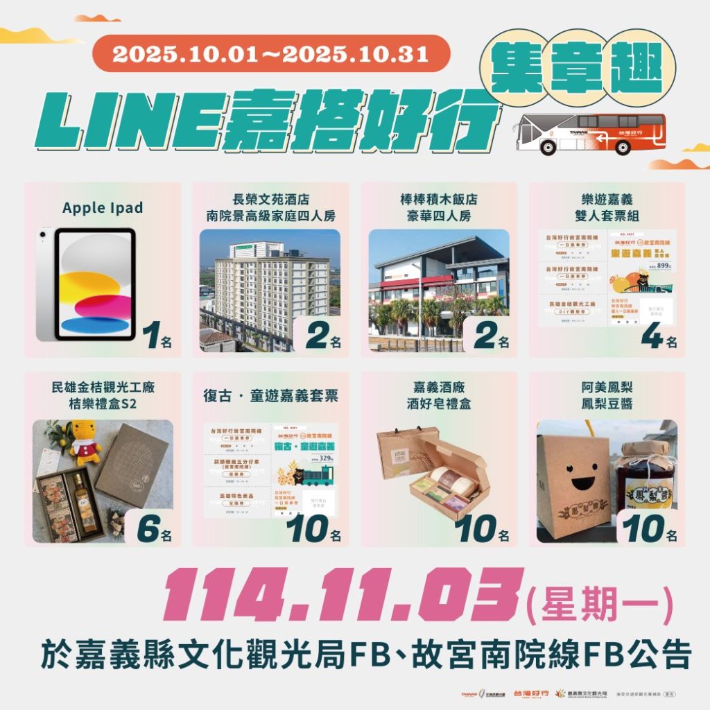 台灣好行故宮南院線暢遊嘉義15站，集章活動抽iPad、住宿券
