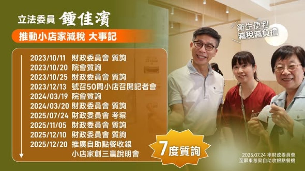鍾佳濱爭取成功，1%營業稅優惠方案延長又擴大範圍，邀國稅局辦說明會