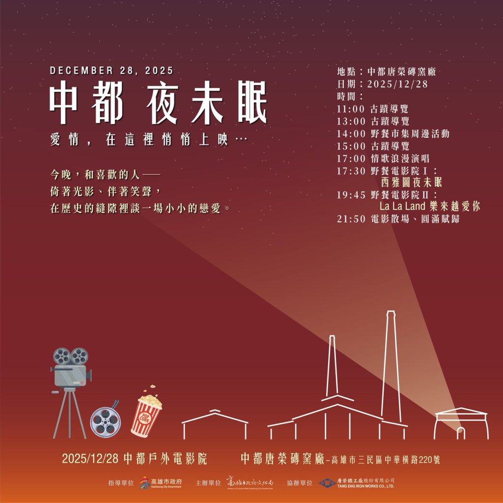 百年古蹟化身浪漫電影院　中都唐榮磚窯廠12/28邀民眾野餐看電影