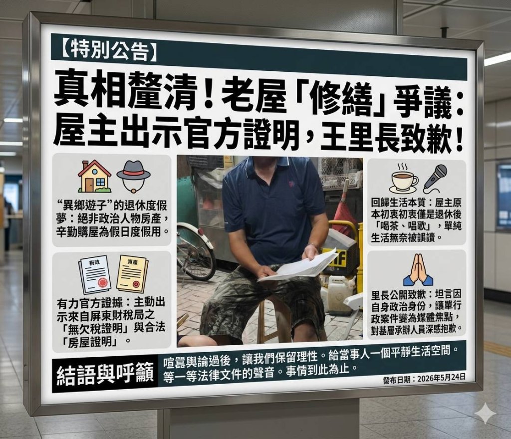 「修繕」爭議真相大白：屋主出示合法證明澄清，王里長致歉盼止息紛擾