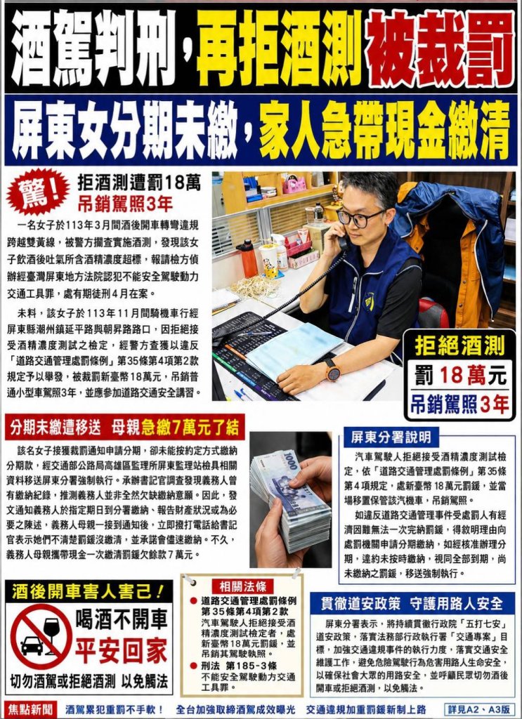 酒駕判刑，再拒酒測被裁罰 屏東女分期未繳，家人急帶現金繳清