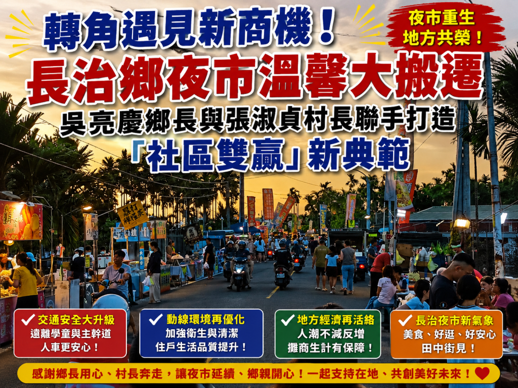 轉角遇見新商機！長治鄉夜市溫馨大搬遷，吳亮慶鄉長與張淑貞村長聯手打造「社區雙贏」新典範
