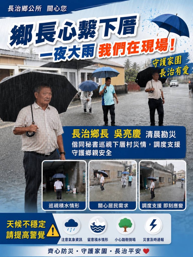 豪雨!! 長治鄉長吳亮慶清晨勘災　心繫下厝村雨後狀況即刻調度支援