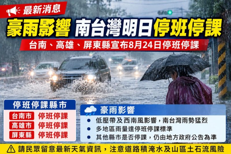 南台灣豪雨持續　台南、高雄、屏東明日停班停課
