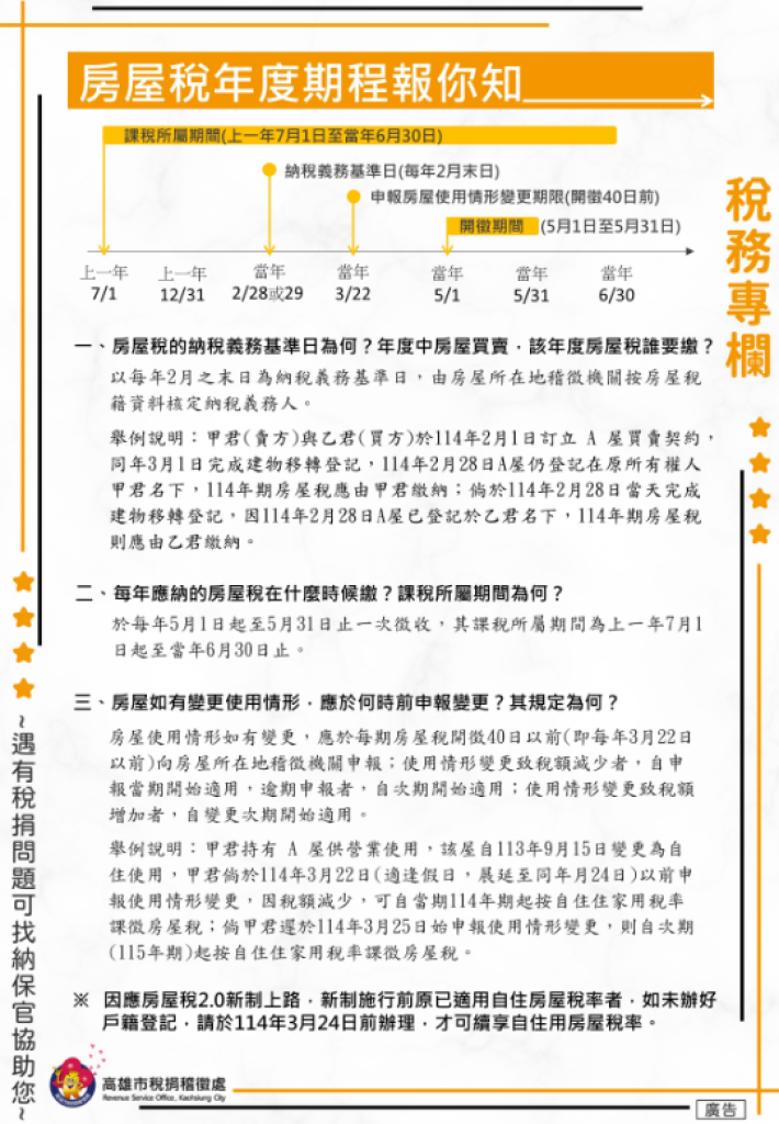高雄市稅捐稽徵處-房屋稅年度期程報你知
