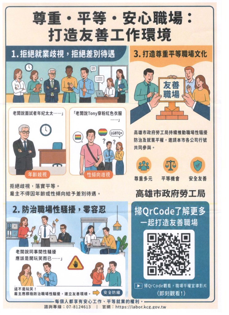 為持續推動職場友善平權，高雄市政府勞工局製作職場平權宣傳影片