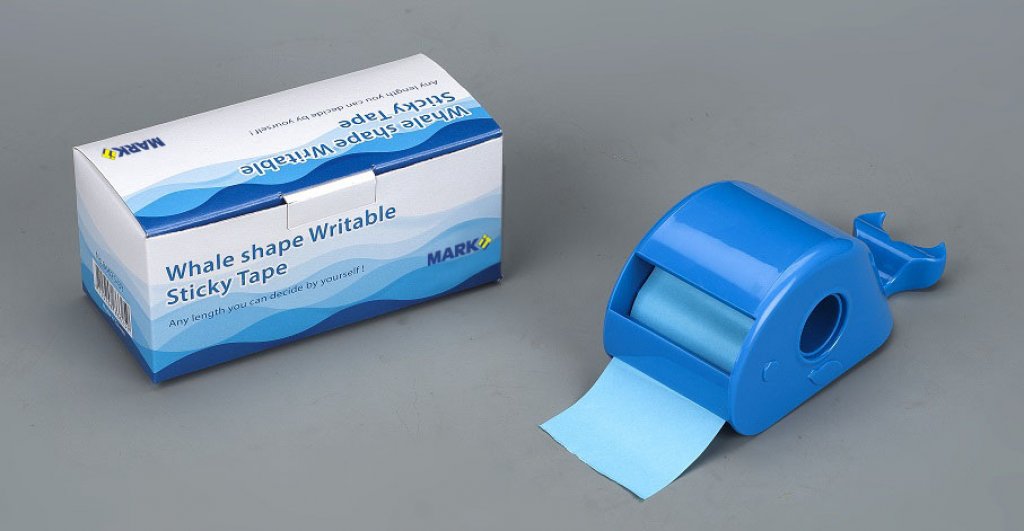 No. 86625-BB  Brilliant Blue color writable sticky tape with whale shaped dispenser W: 5 cm
