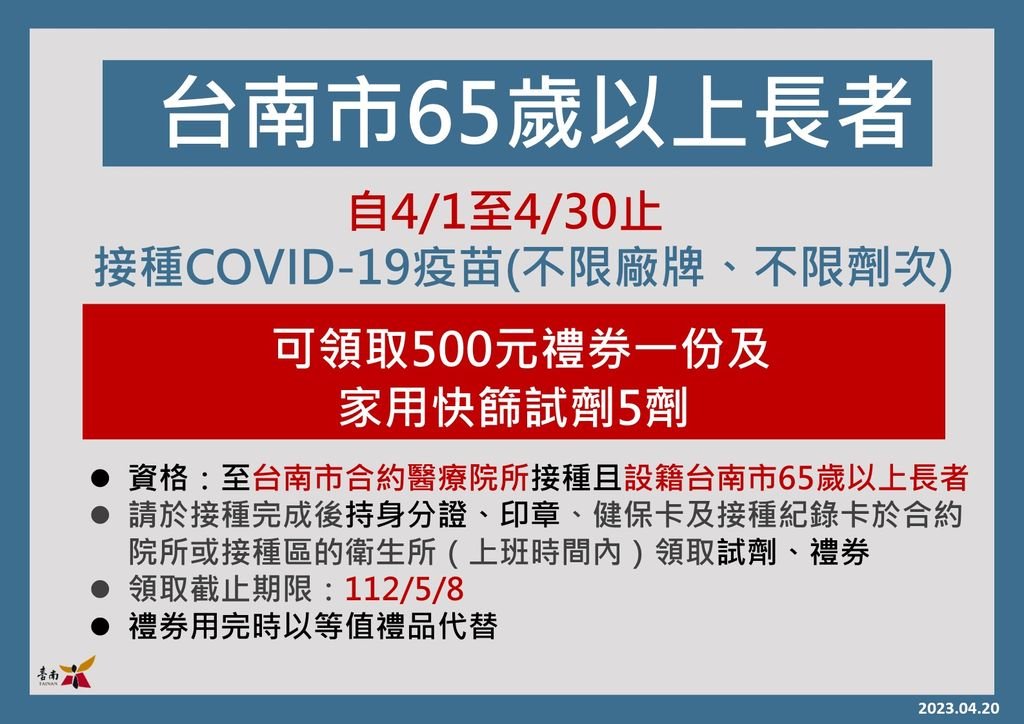 臺南市延長COVID-19疫苗接種禮券獎勵措施，呼籲民眾儘速接種疫苗，提升保護力