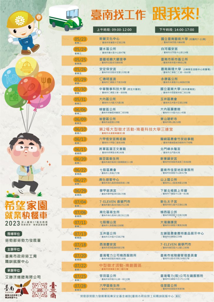南市勞工局「希望家園‧就業快餐車」首場將於5/23新營文化中心啟動