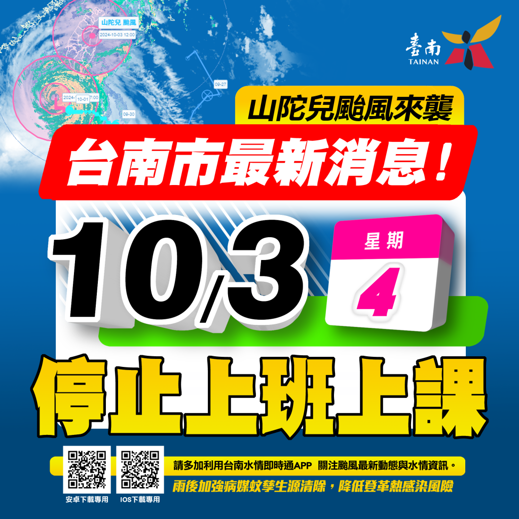 山陀兒颱風慢吞吞 台南市政府宣布10/3繼續休颱風假