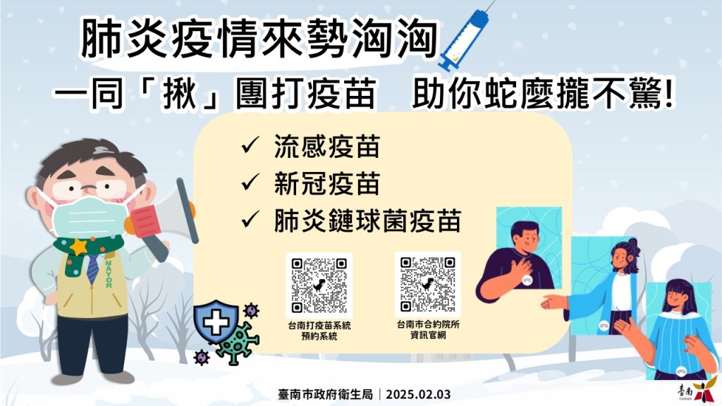 臺南市積極宣導施打流感疫苗，公費疫苗的使用率達99% 高於全國平均！