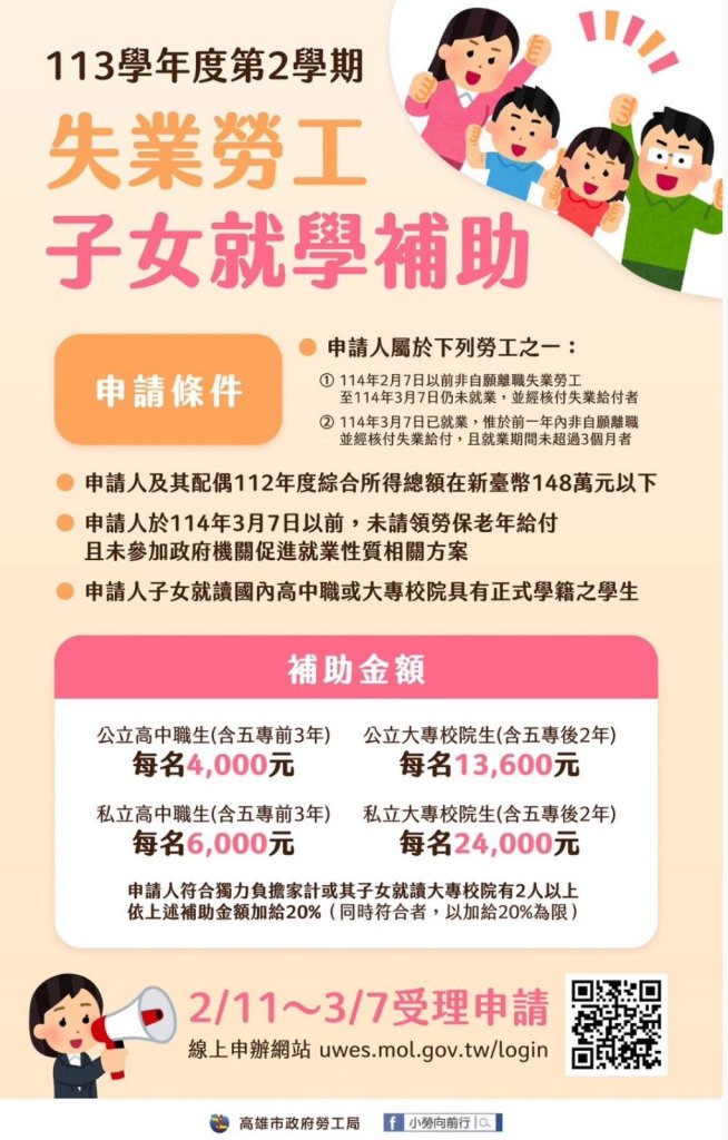 高市勞工局提醒113學年度第2學期「失業勞工子女就學補助」開始受理申請