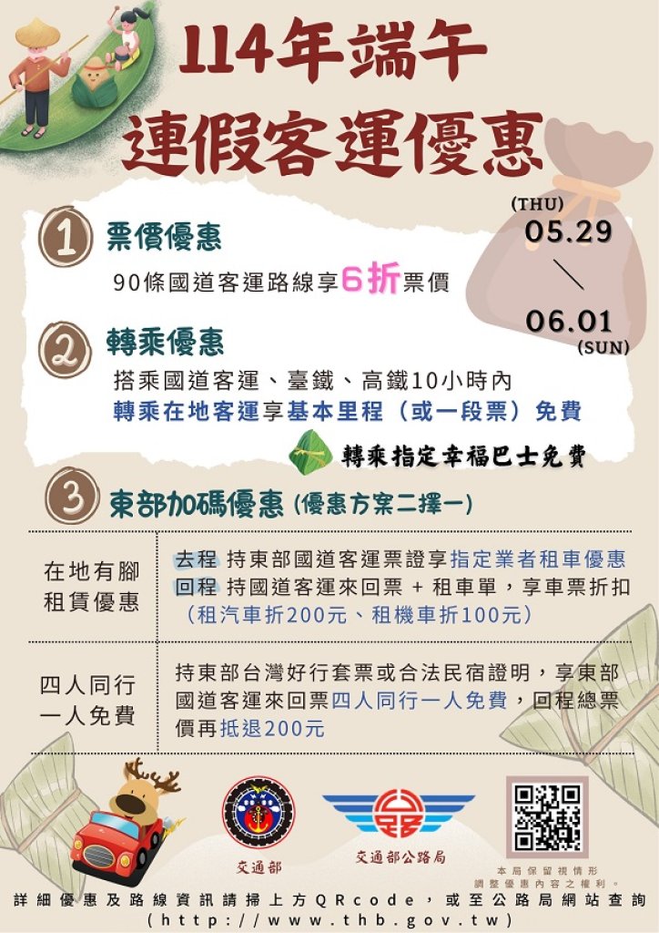  端午連假搭乘公共運輸票價6折優惠 