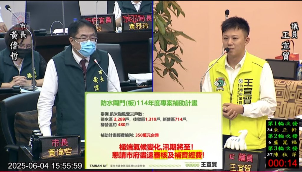 防水閘門補助預算不足 市議員王宣貿籲市府補足經費