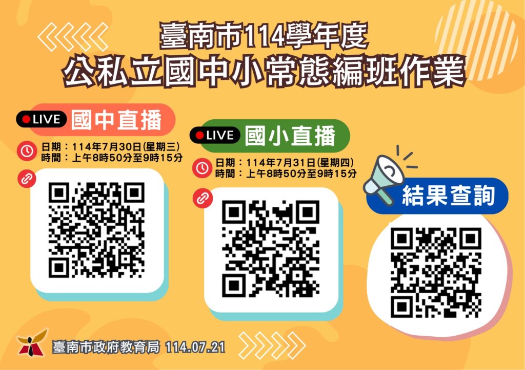 臺南市114學年度公私立國中小常態編班作業採線上公開辦理