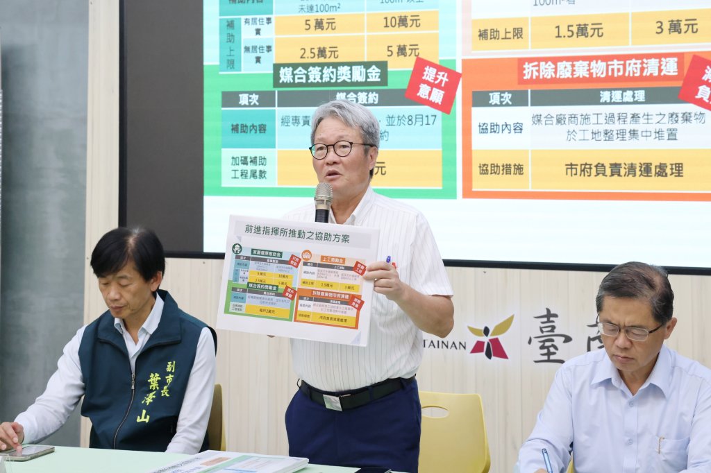 「雲嘉南災後復原前進指揮所」說明五大慰助獎勵措施 台南市府：媒合工班提供2年保固