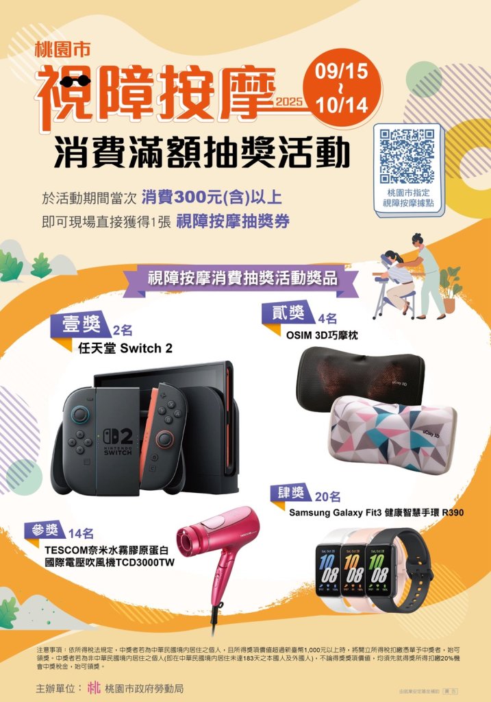 享受按摩紓壓，好禮獎不完!桃園「視障按摩消費滿額抽獎」9/15活動開跑