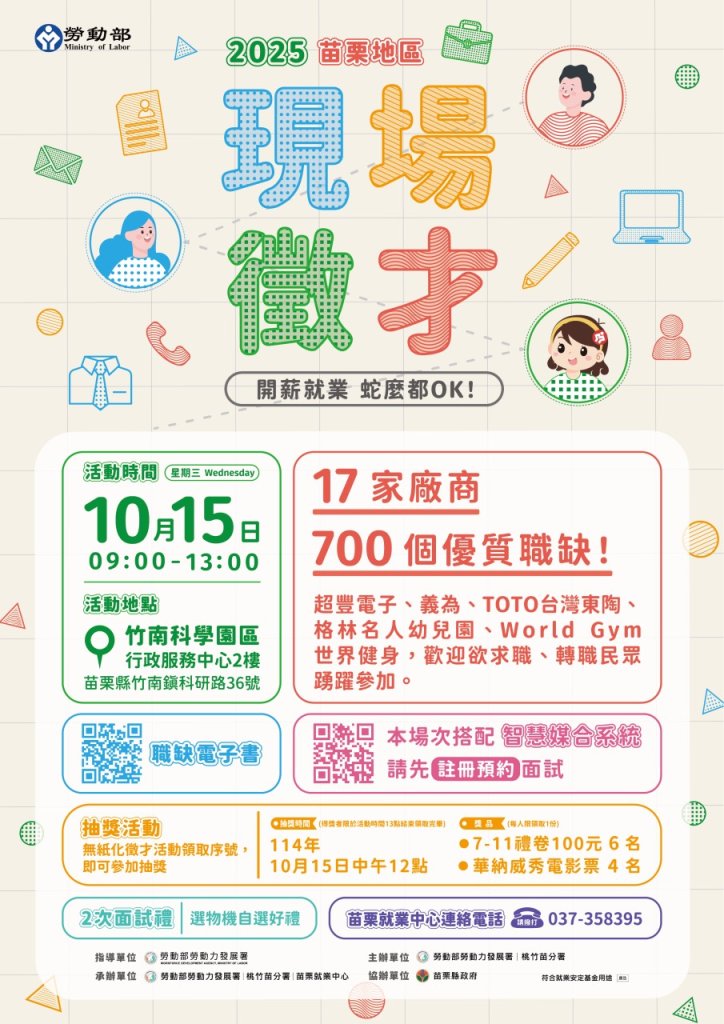 苗栗10/15徵才會釋出700職缺　逾八成薪資33K起、環保報到抽好禮