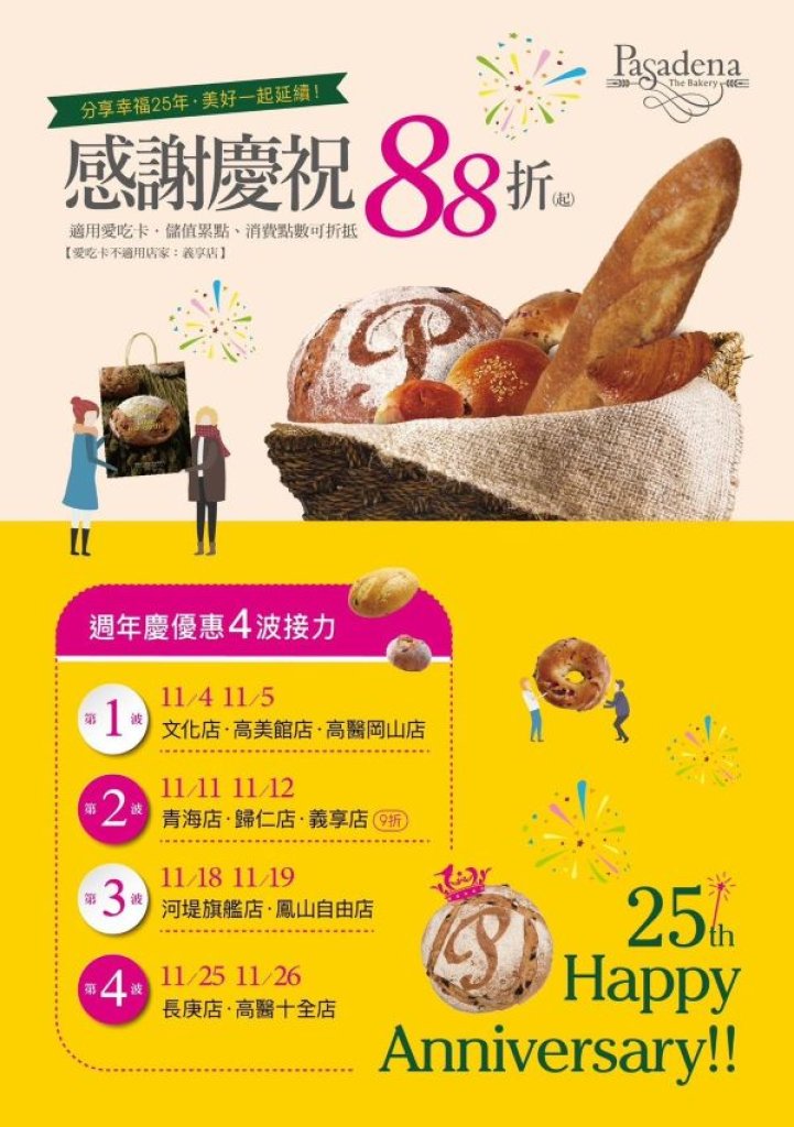 帕莎蒂娜烘焙坊25週年慶 分享幸福・美好一起延續! 88折適用愛吃卡·儲值累點、消費點數可折抵