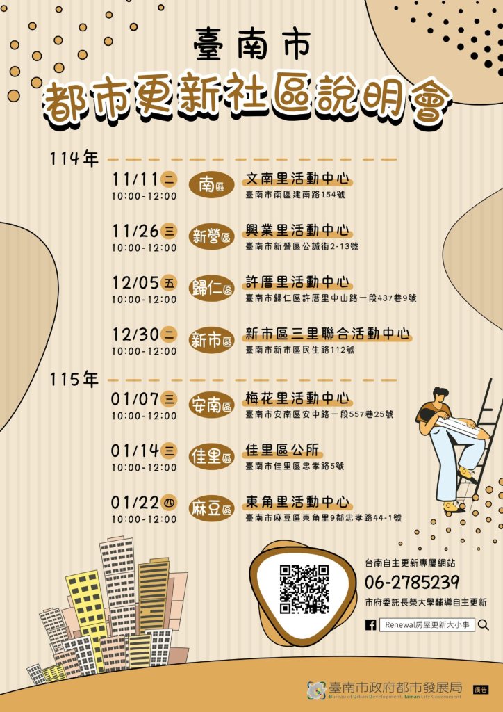 臺南市都市更新說明會第二階段啟動 7場次巡迴各區推動社區自主更新