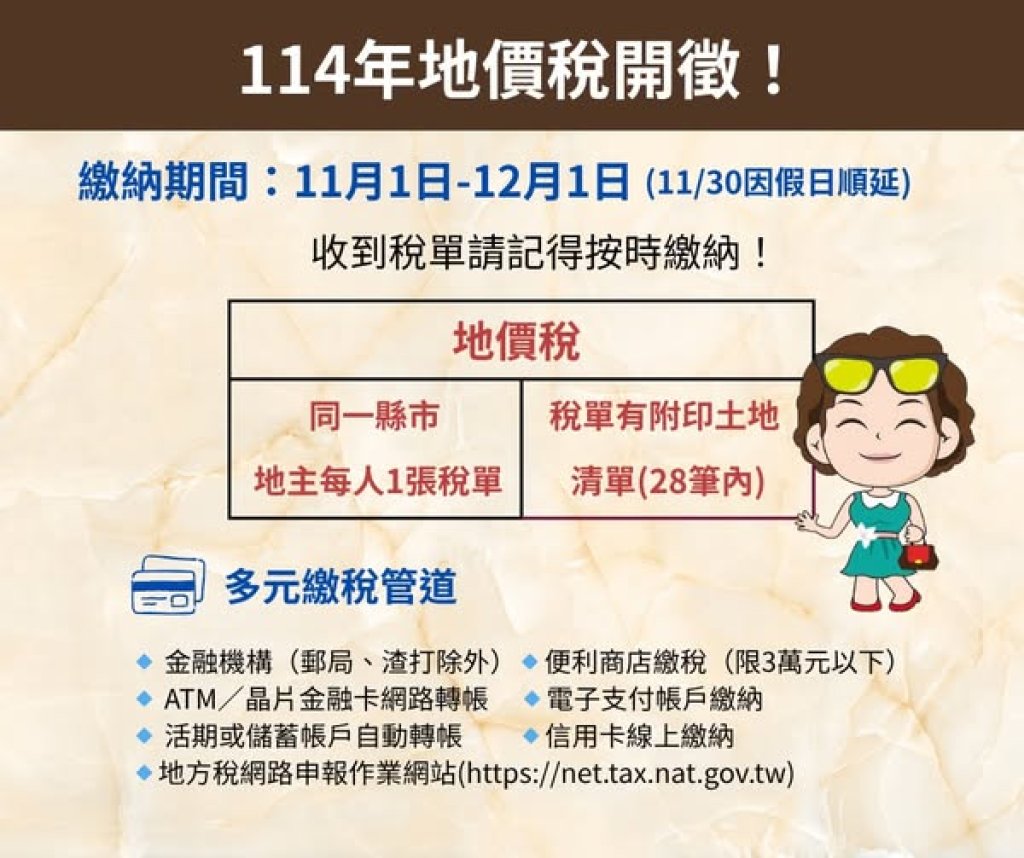 114年地價稅於11月1日開徵　請如期繳納以免受罰