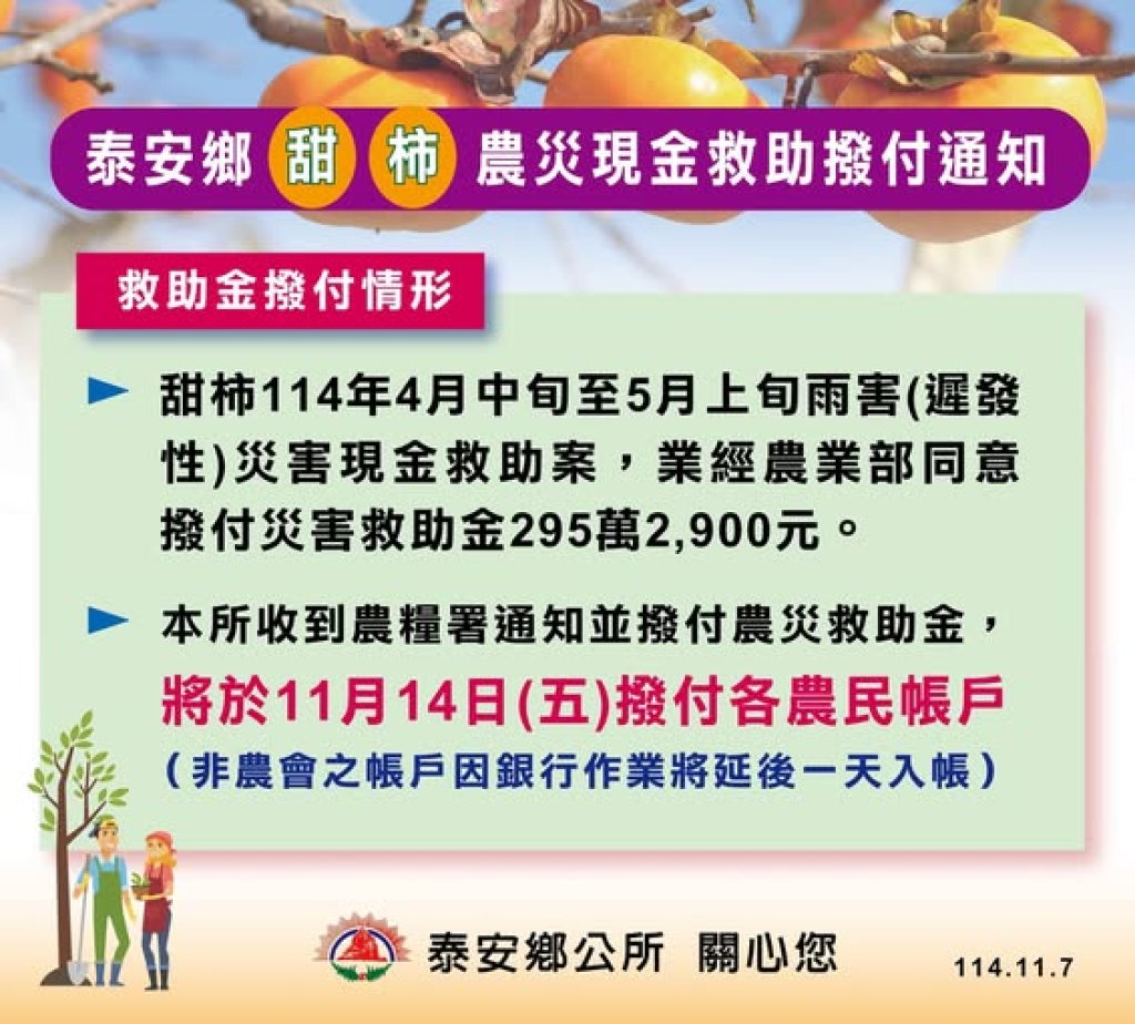 泰安鄉 甜柿農災救助金11月14日撥付
