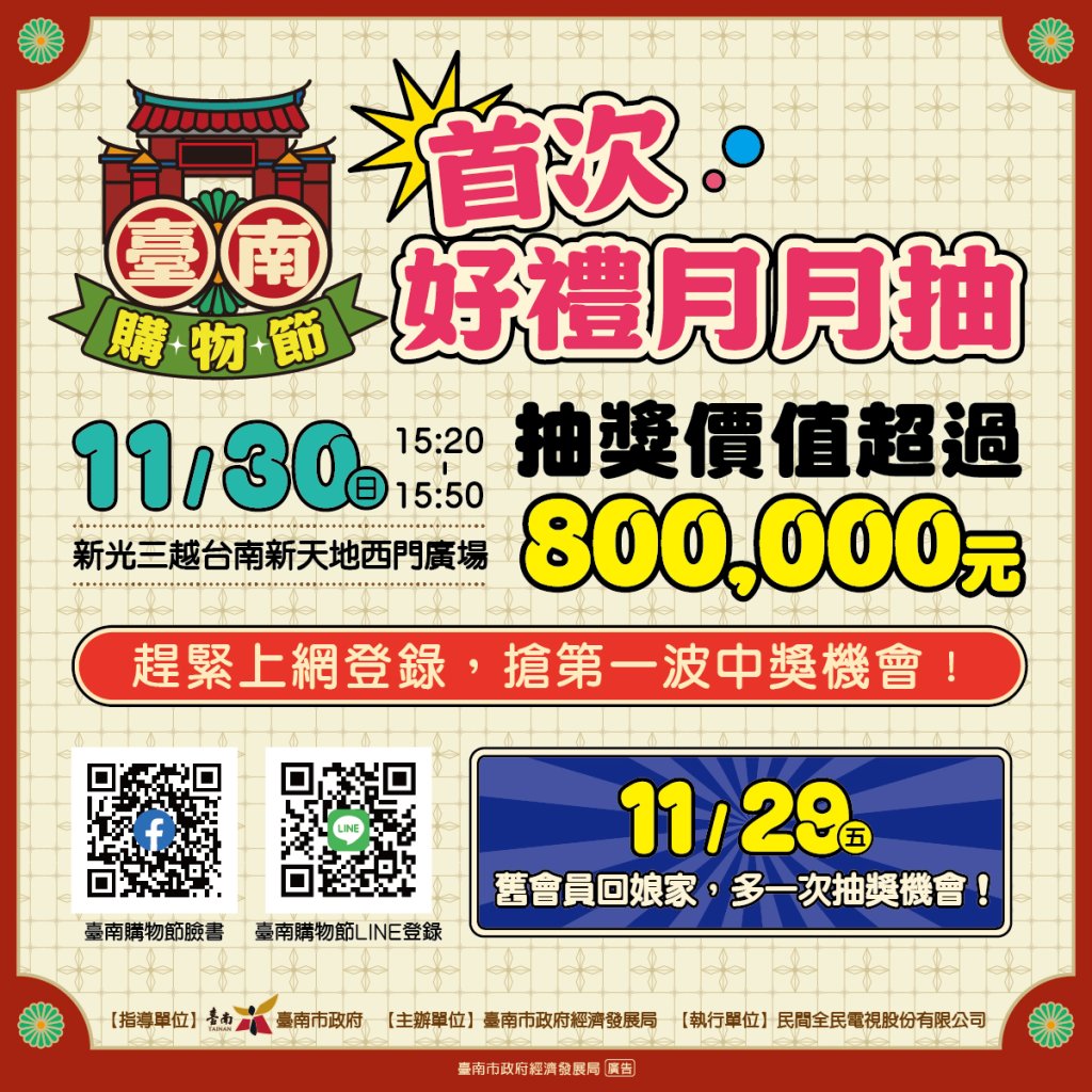 11/30首場臺南購物節「好禮月月抽」宏佳騰智慧電車、8萬元現金等多重豪禮等你抽