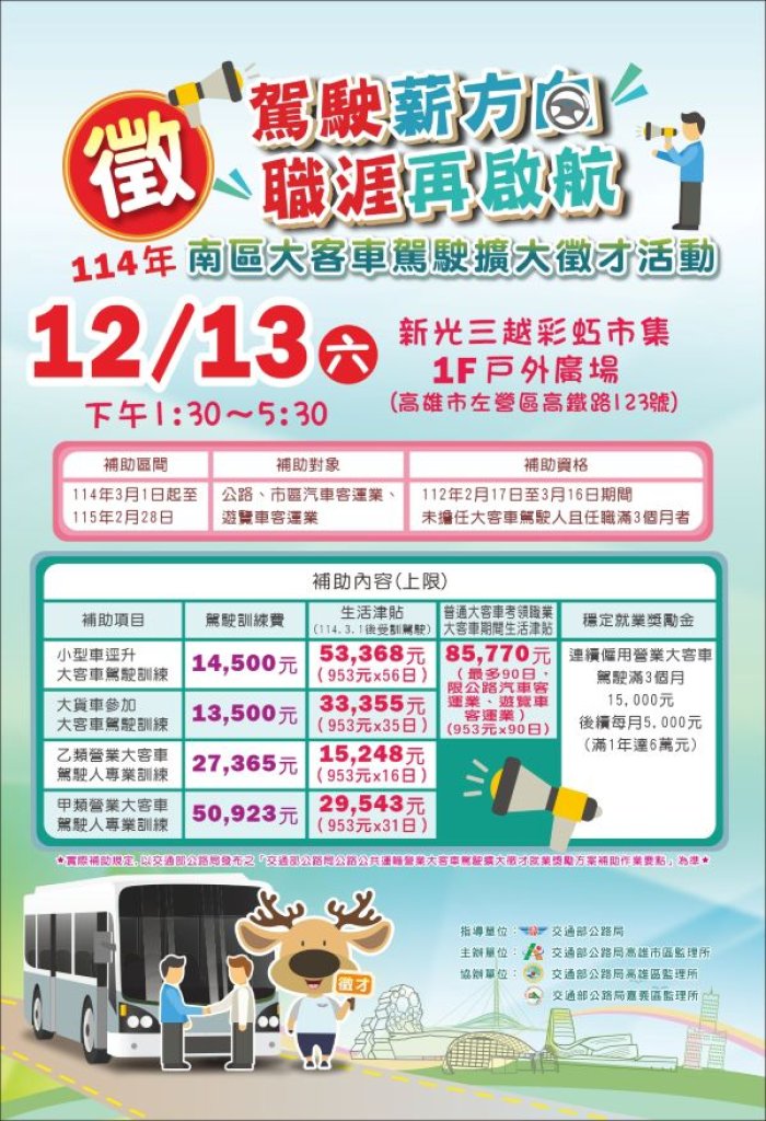 南區大客車駕駛擴大徵才活動 多項補助 等你加入