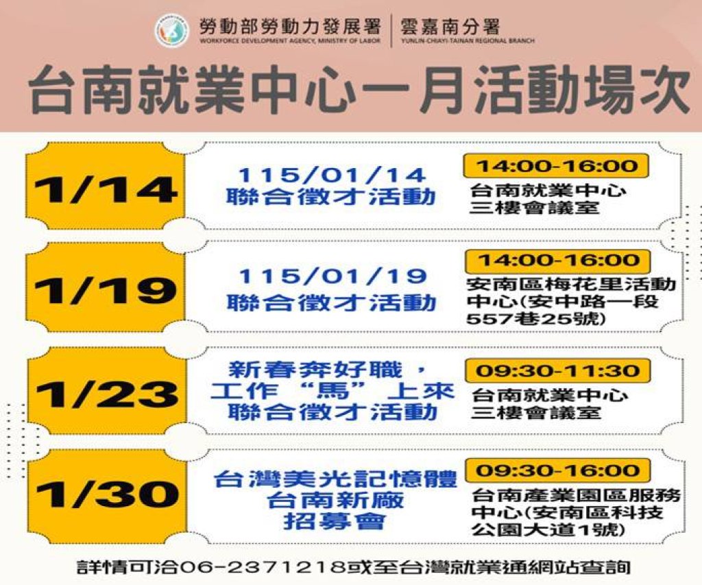 年前就業黃金期  台南就業中心農曆年前4場次徵才活動熱烈開跑