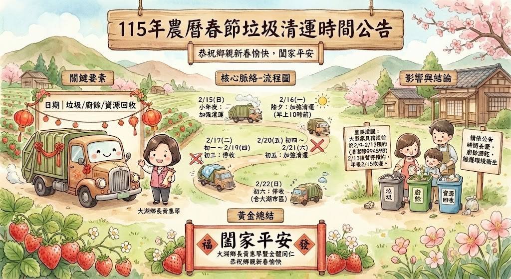 大湖鄉115年農曆春節垃圾清運時程　請鄉親配合分類與收運時間