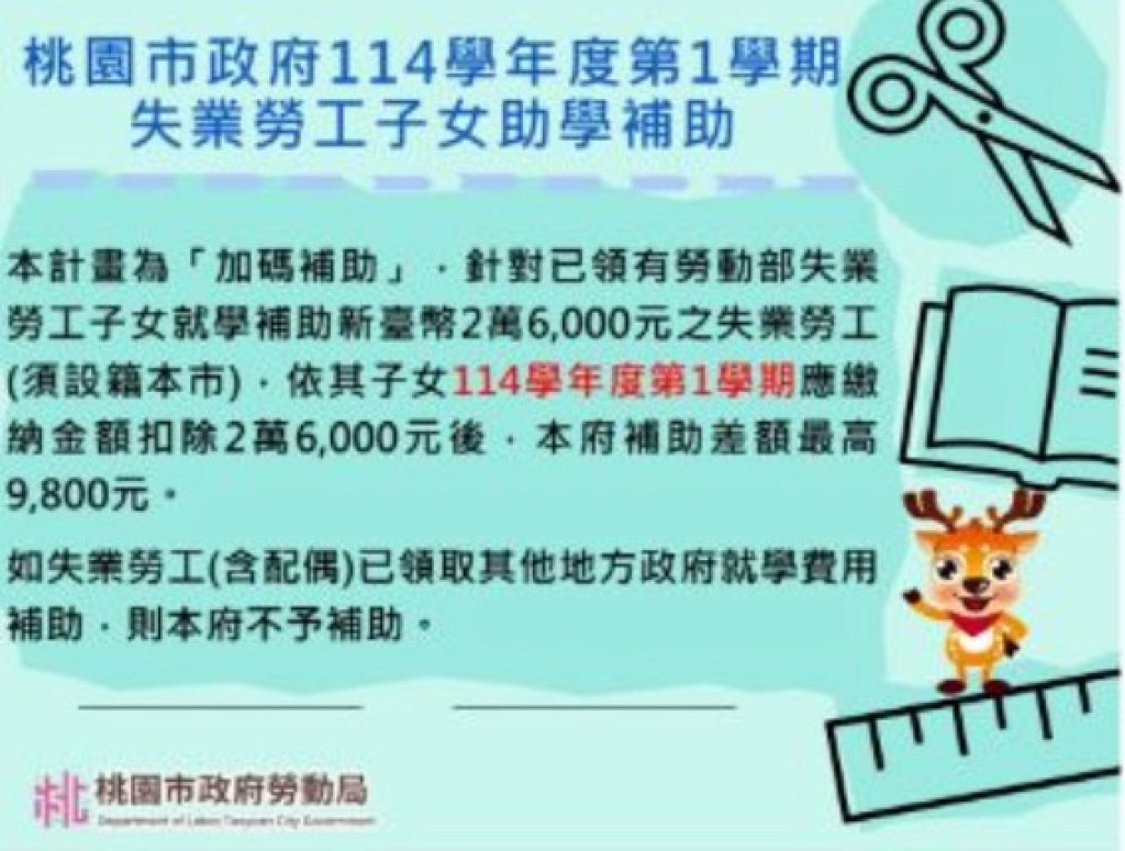 勞工朋友有福了 桃園市「失業勞工子女助學補助」開跑囉