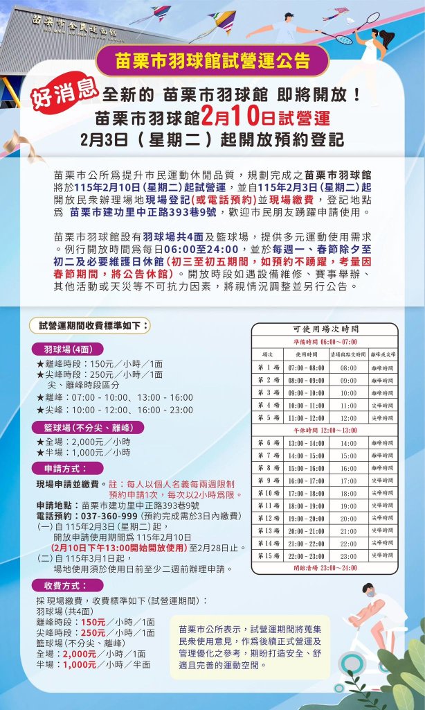 苗栗市羽球館2月10日起試營運｜2月3日開放預約登記
