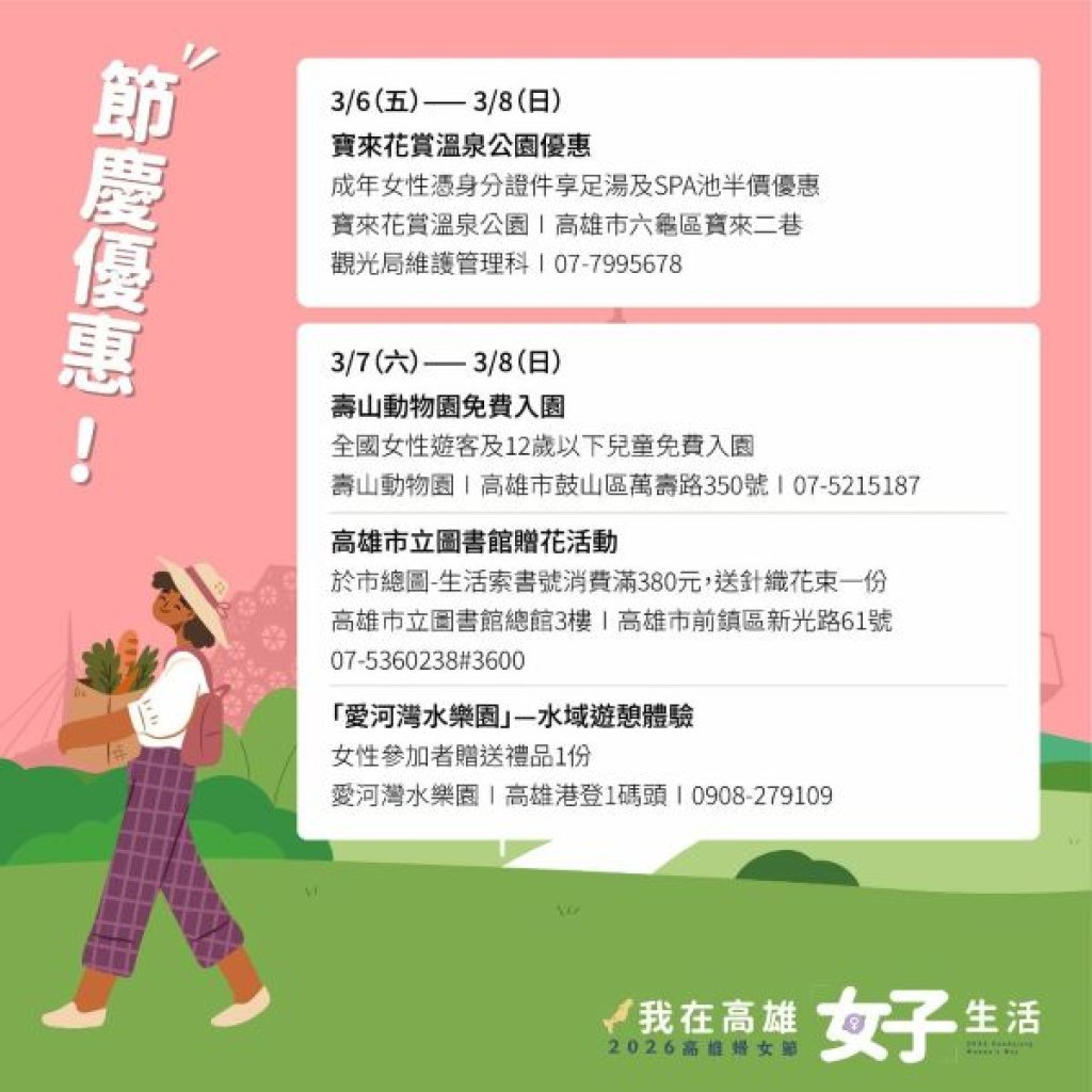 3月限定「女子」優惠 2026高雄婦女節「好好生活月」即將登場