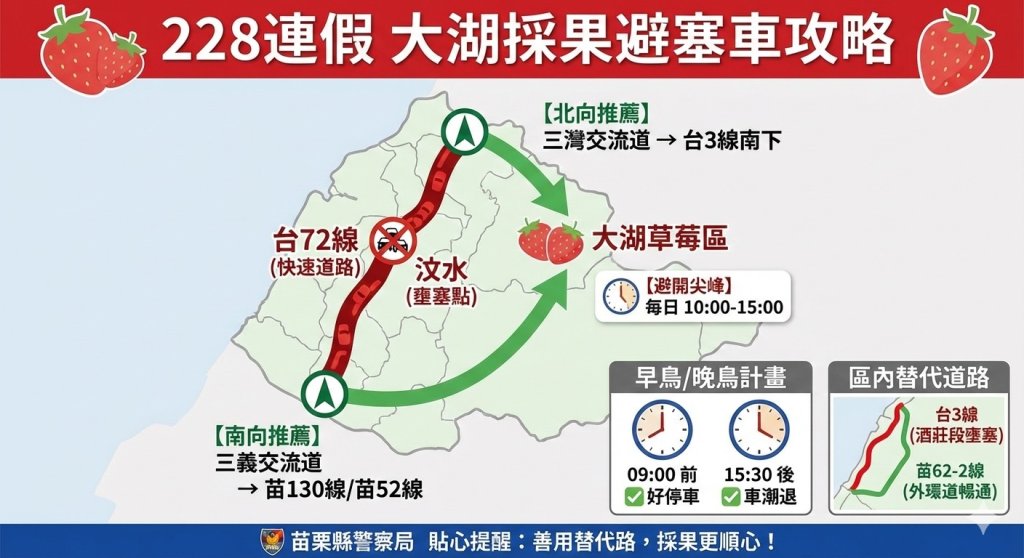 228連假苗栗採莓、祭祖潮將至！苗警公布「國道封閉」與「避塞車指南」