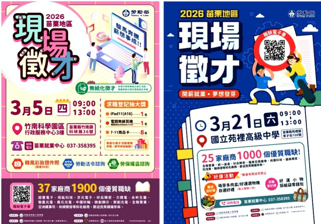 助失(待)業民眾年後順利就業機會　桃竹苗分署苗栗地區3/5、3/21徵才共計釋出2900個工作機會