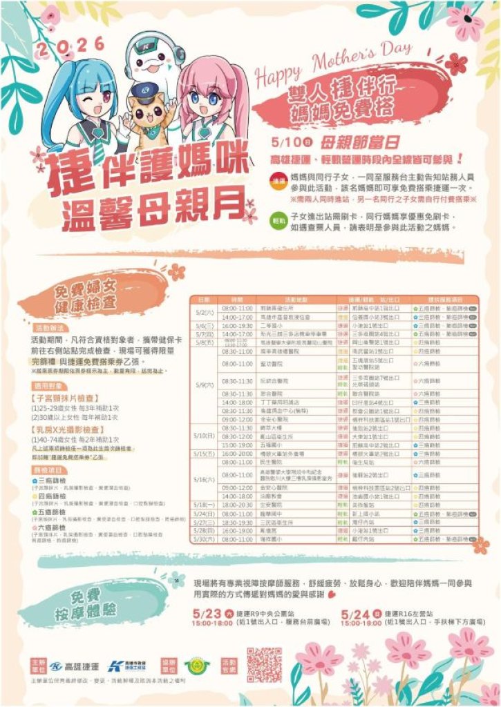  守護媽媽的每一步 高捷母親節推免費搭乘與健康關懷