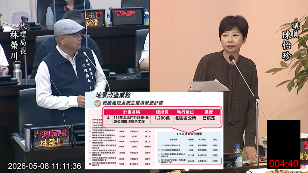 北區長興公園改造經費落差大 陳怡珍籲市府補足地方需求、加速危老重建