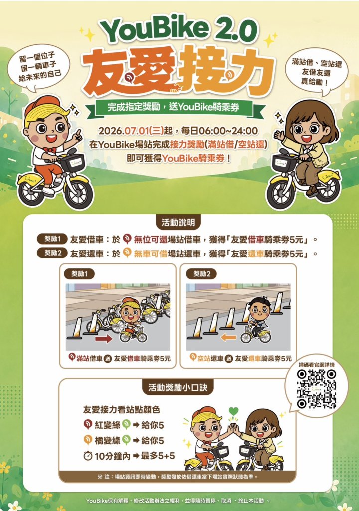  115年7月1日起YouBike2.0友愛接力擴大推動 全臺皆適用