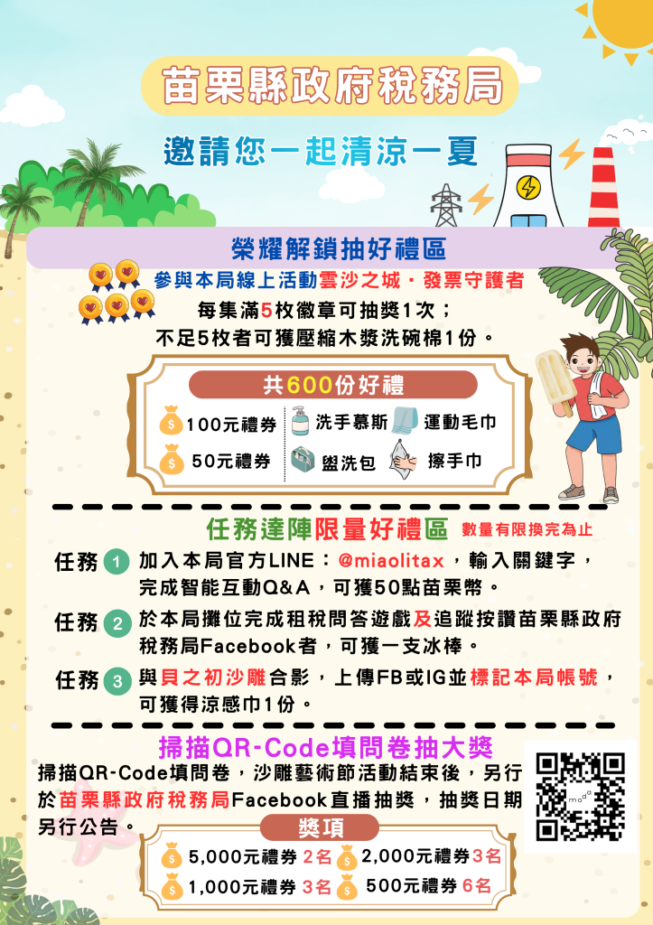苗栗稅務局「沙雕藝術節的隱藏關卡」租稅宣導活動7月4日起熱鬧登場!!      