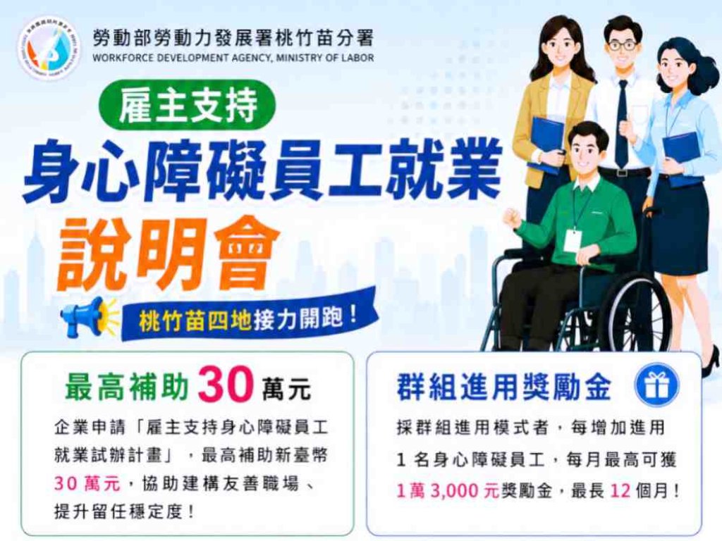 桃竹苗分署7/9起辦4場次雇主支持身心障礙員工就業試辦作業要點說明會　助企業善用身障就業支持資源
