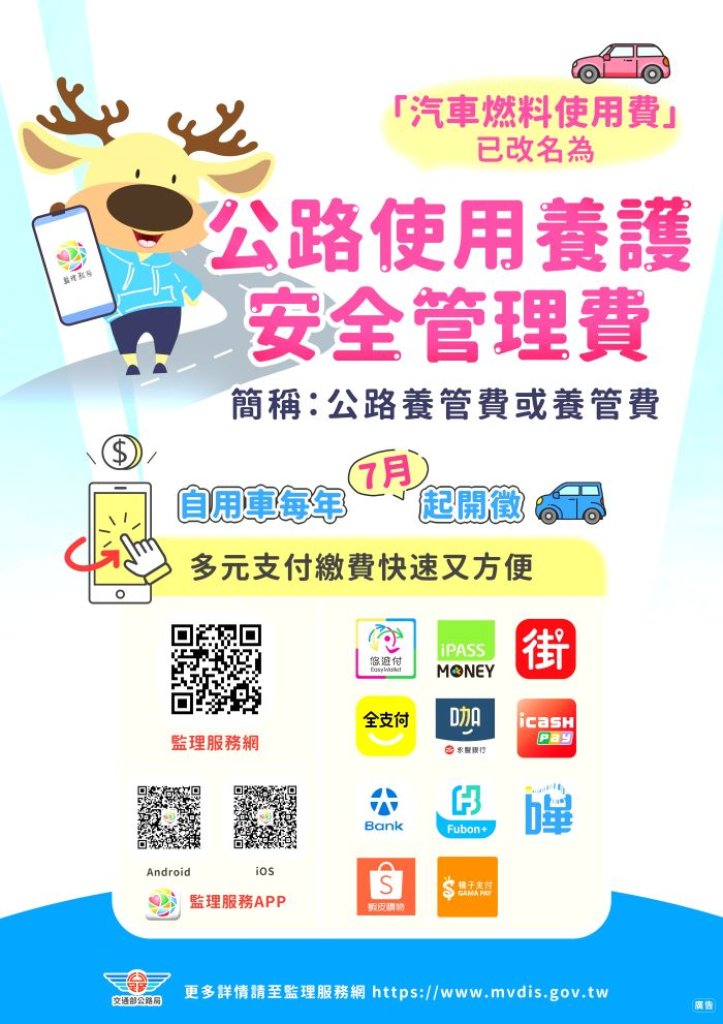 115年自用汽(機)車公路養管費7月1日開徵　也可以線上繳費噢！