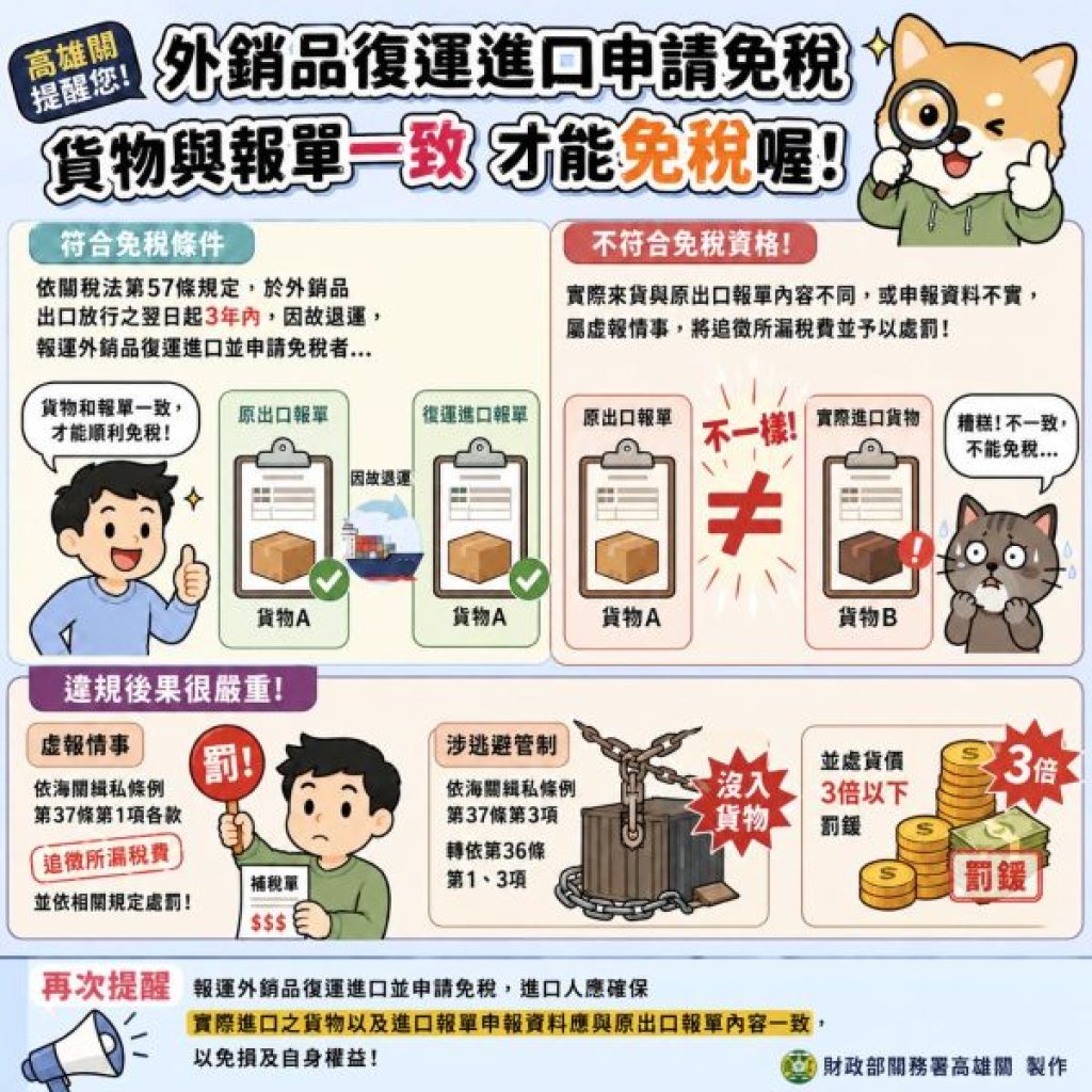 廠商外銷品復運進口申請免稅 海關查獲與原申報出口貨物不符 補稅並處罰