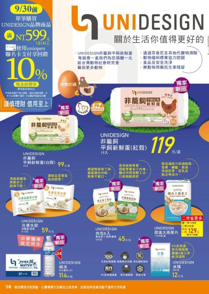 UNIDESIGN 正式在萬家福量販與樂家康超市全新上架 自有品牌成為熱購關注焦點   單筆購買 UNIDESIGN系列商品滿599元，用 uniopen 聯名卡支付即享10％現金折價券回饋