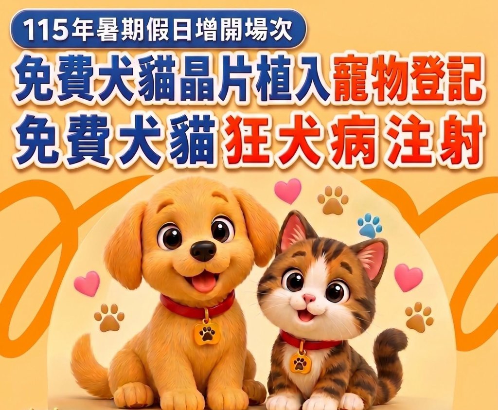 暑假帶毛孩健康過暑假｜苗栗免費犬貓狂犬病疫苗、晶片登記｜假日加開4場次