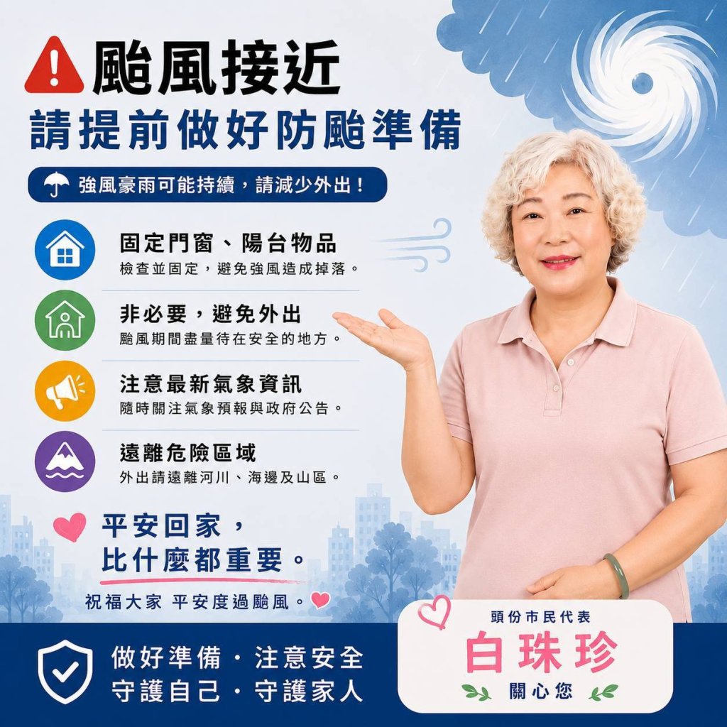 巴威颱風接近　頭份市民代表白珠珍籲請鄉親做好防颱準備