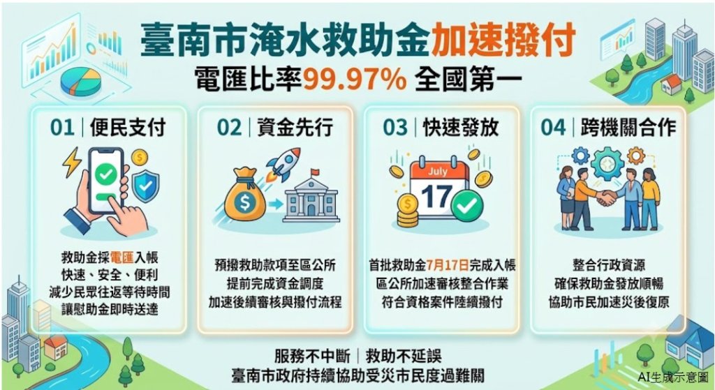 臺南市電匯支付比率99.97%高居全國第一 首批0625豪雨淹水救助金7/17陸續電匯入帳