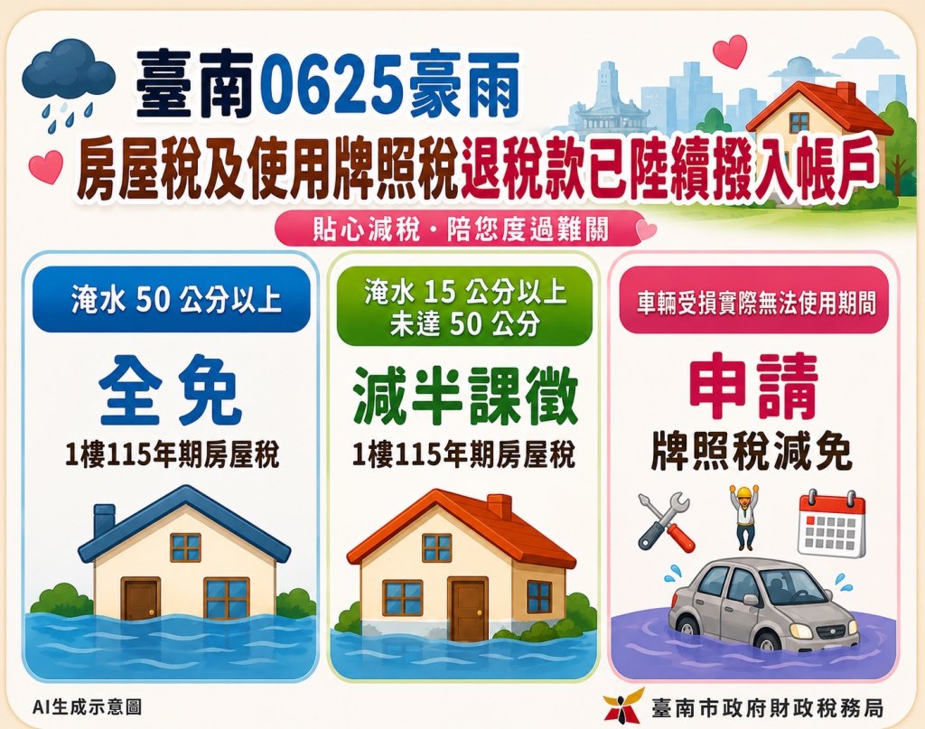 0625豪雨災損之房屋及車輛退稅款 南市財稅局已陸續撥入民眾指定帳戶
