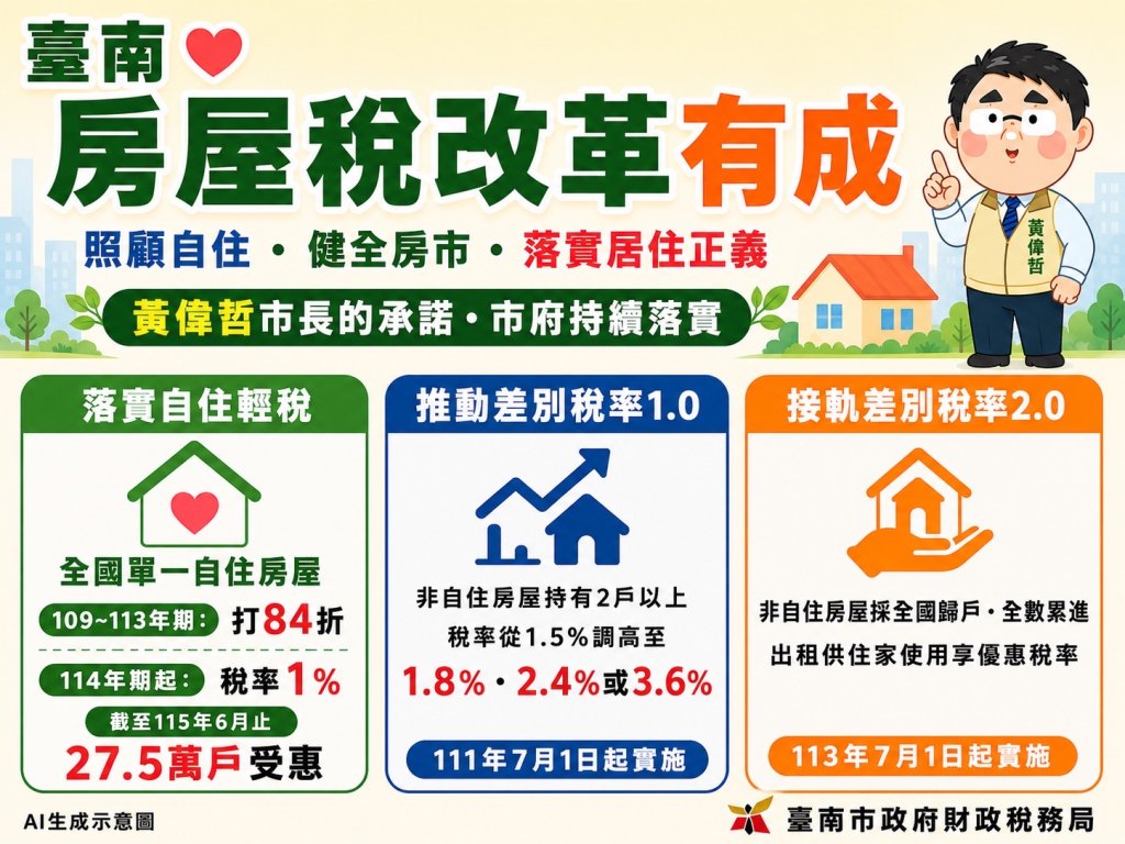臺南市稅務局推動房屋稅改革有成 照顧自住落實居住正義